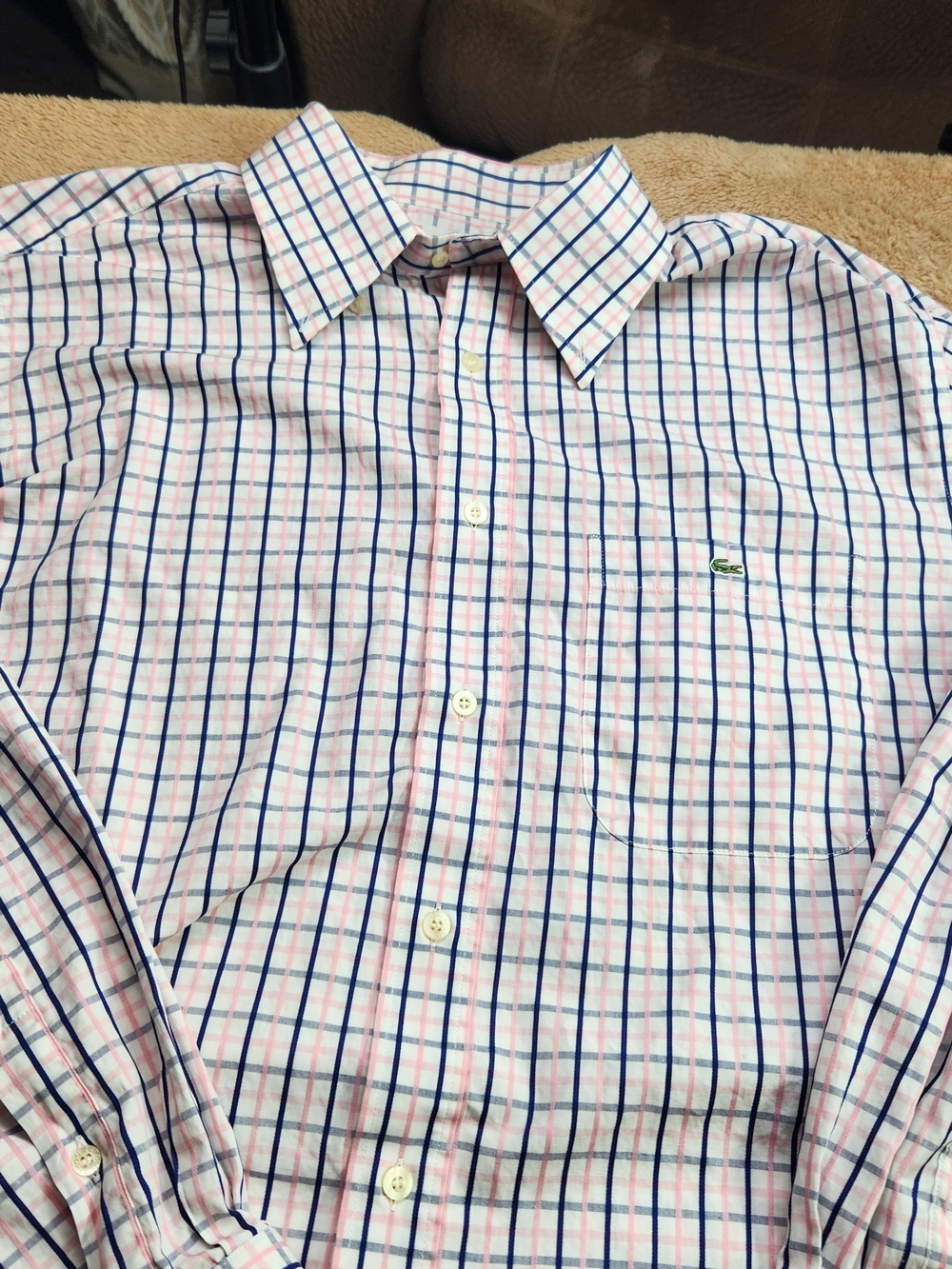 Lacoste Men’s Pink & Blue Windowpane Button-Down Shirt Size 45